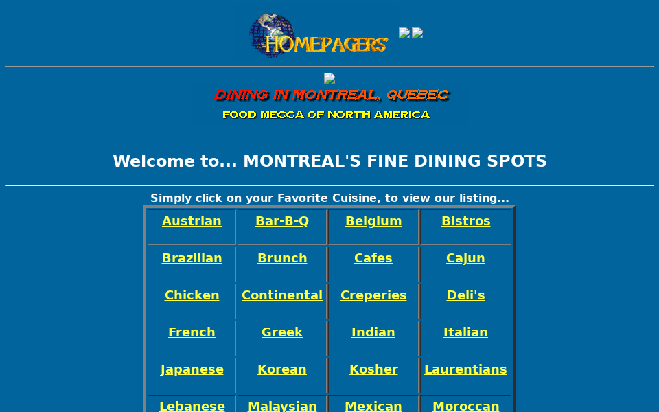 www.homepagers.com/montreal/dine.html screen capture